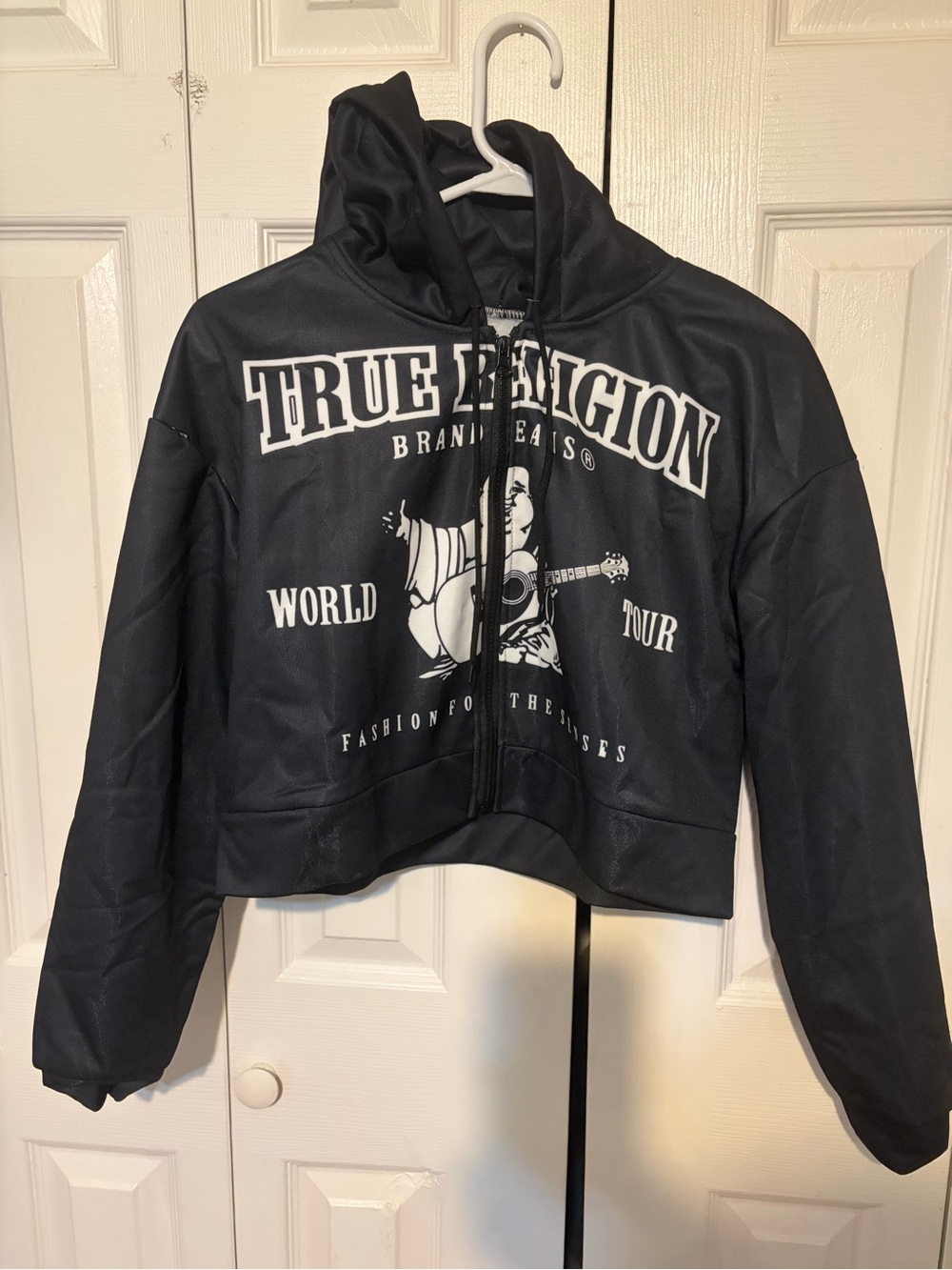 True Religion Black Hooded Cropped Zip Sweatshirt with White Logo
